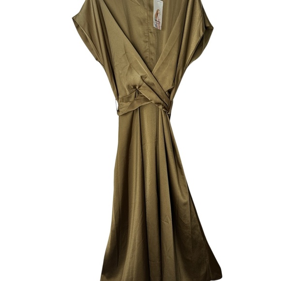 Olive Green Sateen Maxi Especial Ocassion Maxi Short Sleeves Large Dress BNWT - Picture 2 of 11
